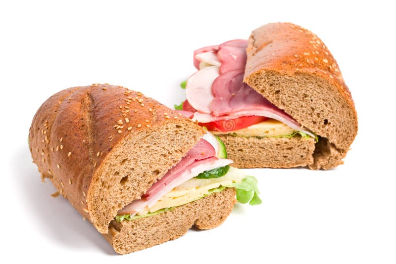 Two whole wheat baguette sandwiches