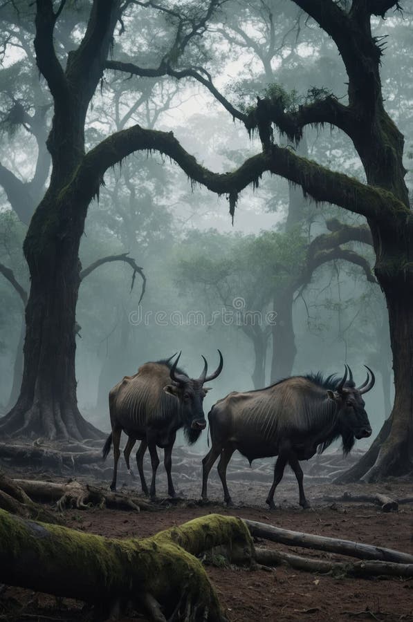 Majestic Blue Wildebeest in Misty Forest vector illustration