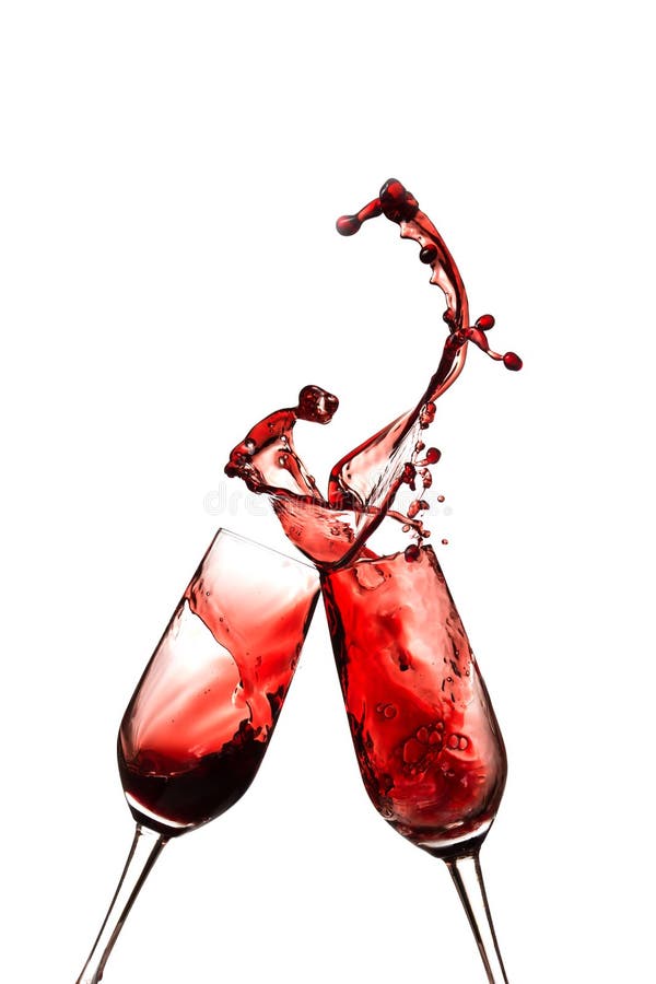 Cheers! Two Red Wine Glasses, Toast Gesture, Isolated On White Stock