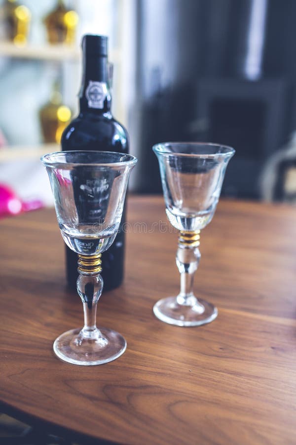 Two wine glasses & bottle stock photos
