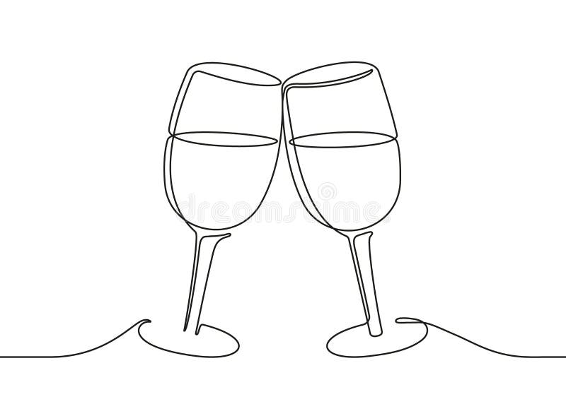 Two wine glasses clink, continuous black one line drawing. Vector illustration