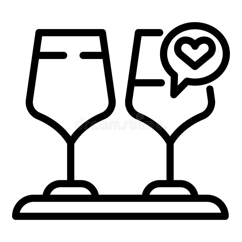 Two wine glasses and heart icon, outline style royalty free illustration