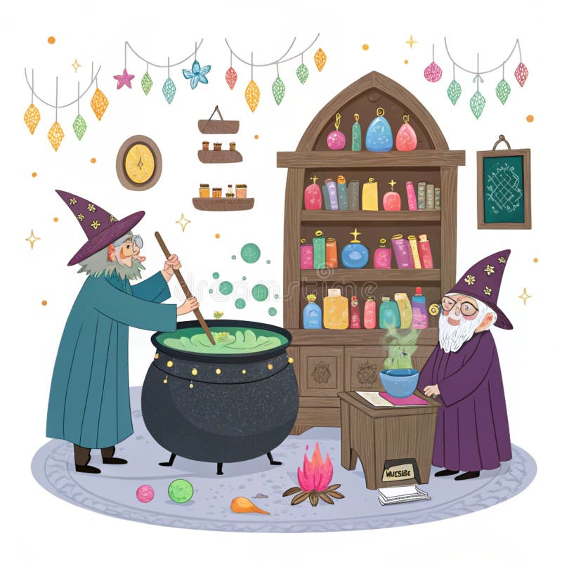 Two wizards stirring potions in a cozy, magical apothecary