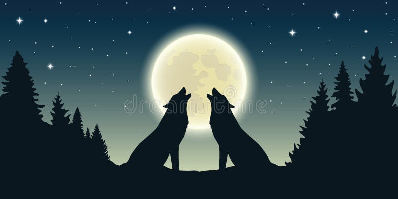 Two wolves howl at the full moon in forest landscape.