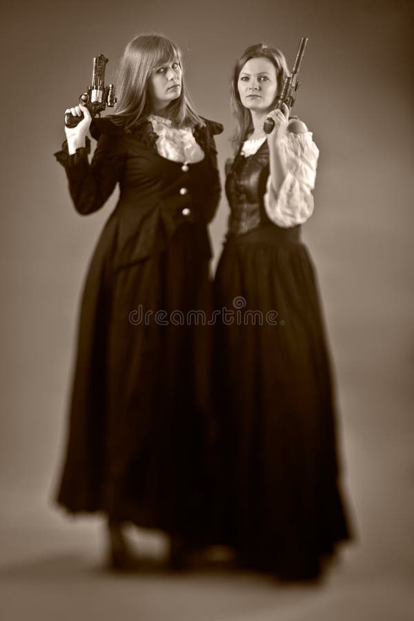 Two woman gun retro style