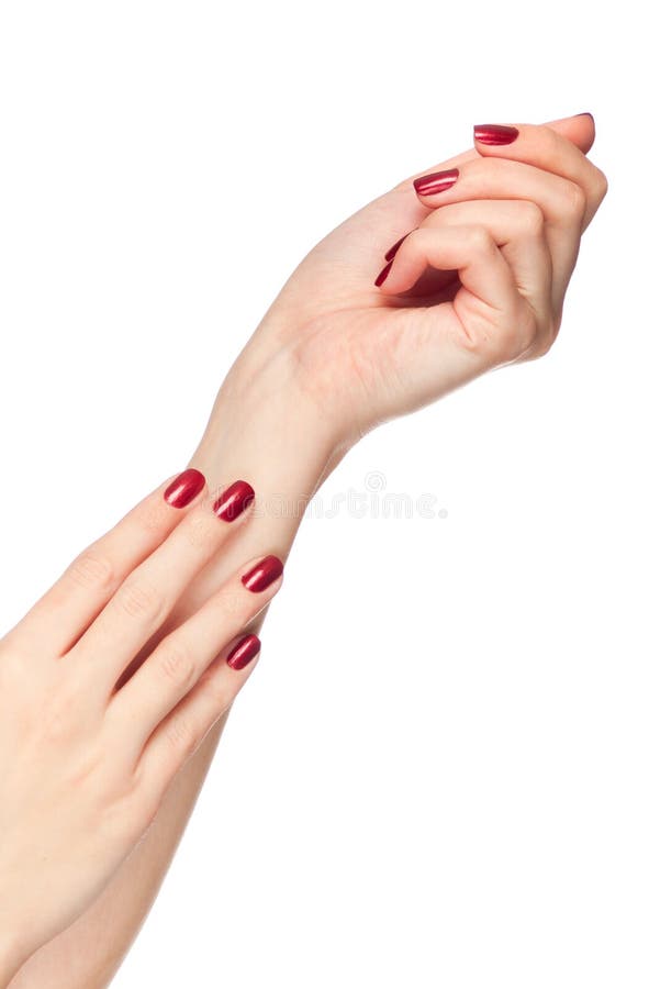 Two woman hands with red fingernail