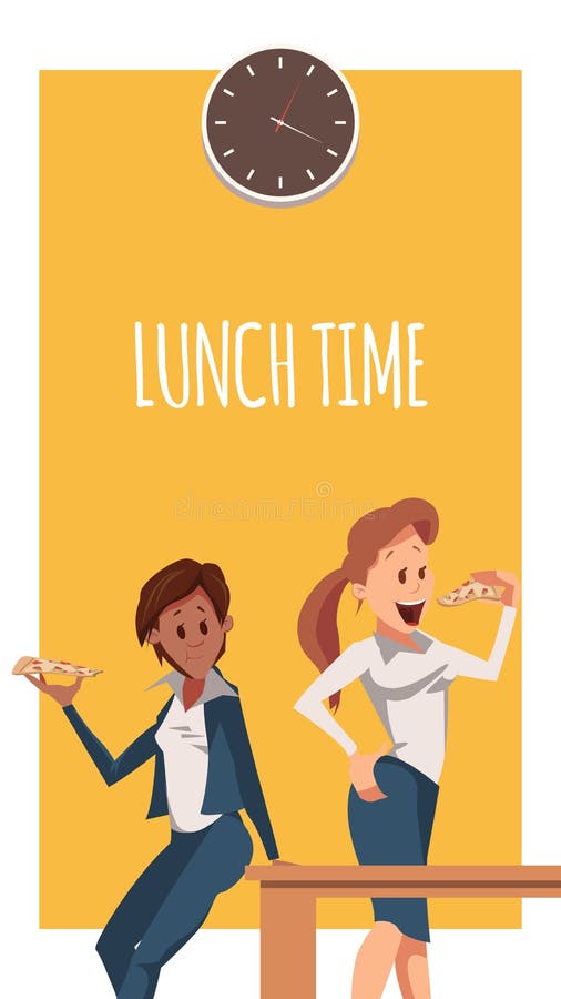 Two Woman Have Pizza for Lunch at Office Banner royalty free illustration Two Woman Have Pizza for Lunch at Office Banner royalty free illustration