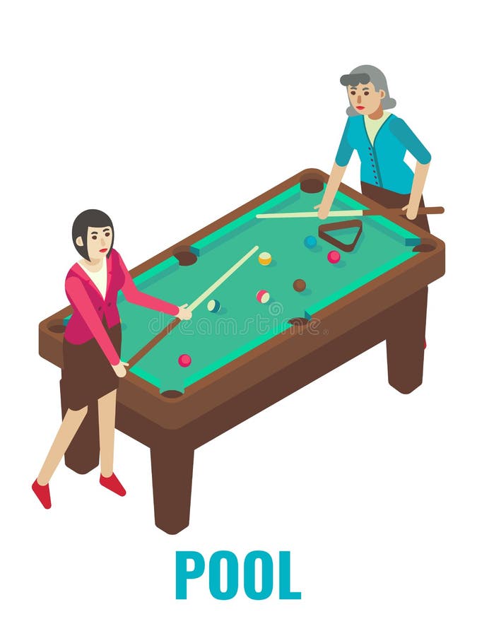 Two Women Playing Billiard Arcade Pool Game Vector Isometric 