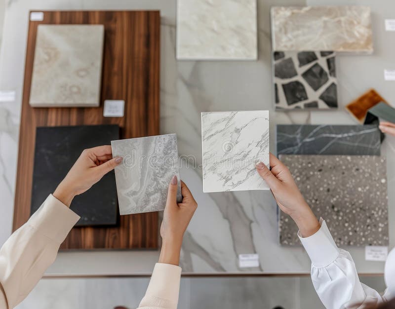 Two women are presenting various stone samples while engaging in material selection at a design showroom during the royalty free stock photo