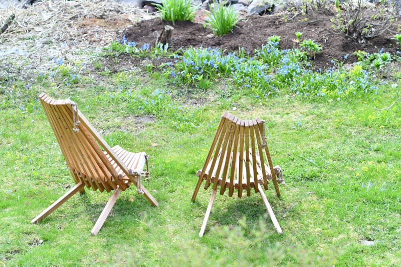 Two Garden Chairs on the Grass. Small Green Garden Stock Photo Image
