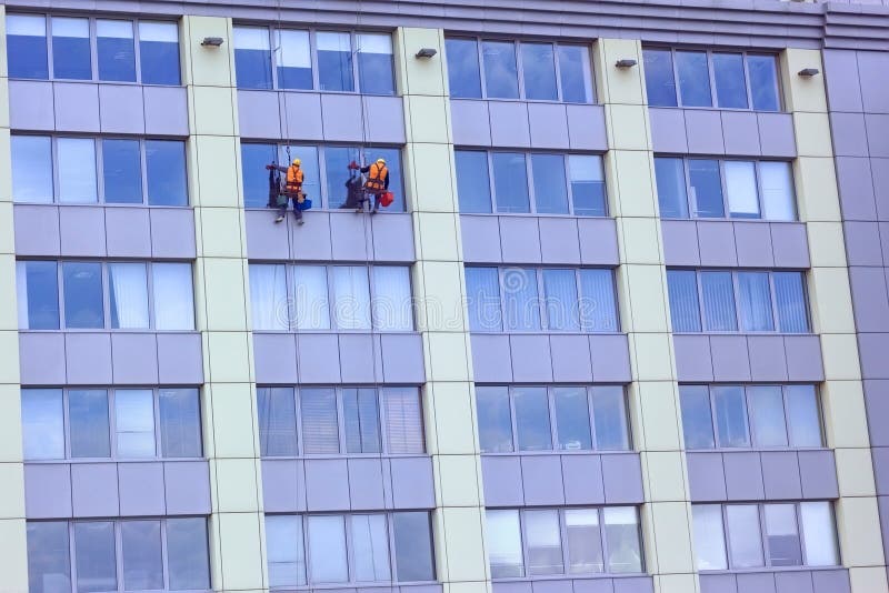 Two Workers Washing a Skyscraper Windows Stock Photo Image of adults