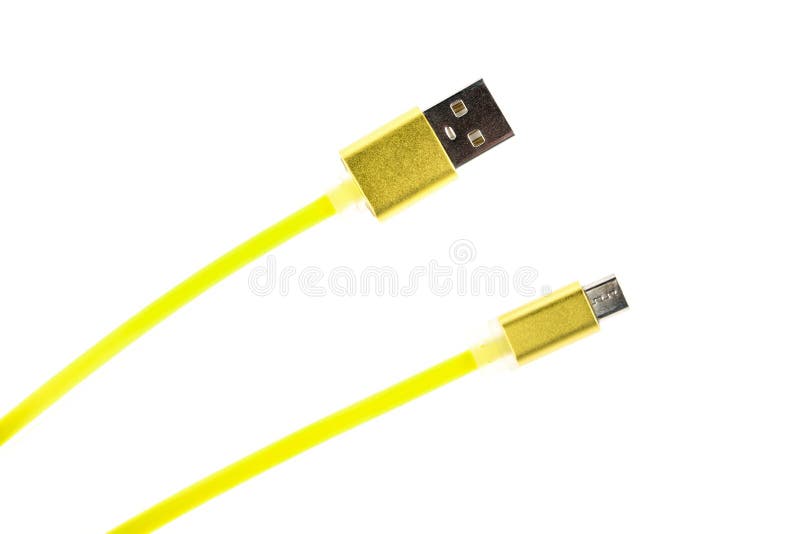 Two yellow connectors of micro USB cable on white isolated background. Horizontal frame royalty free stock images Two yellow connectors of micro USB cable on white isolated background. Horizontal frame royalty free stock images