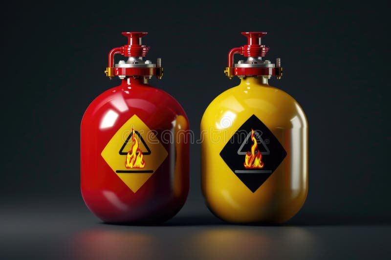 Two yellow and red fire extinguishers sit side by side, ready for use in emergency situations stock photo