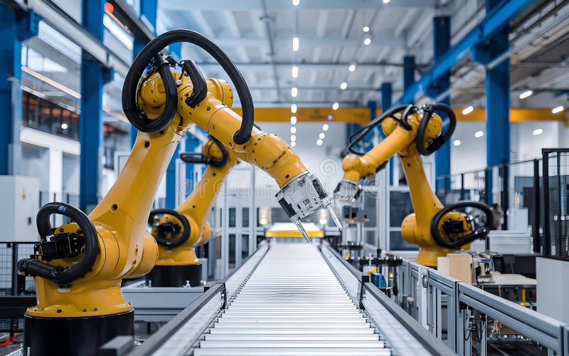 Two yellow robotic arms are working on an assembly line in a factory. One arm is extended, while the other is folded. The arms are vector illustration