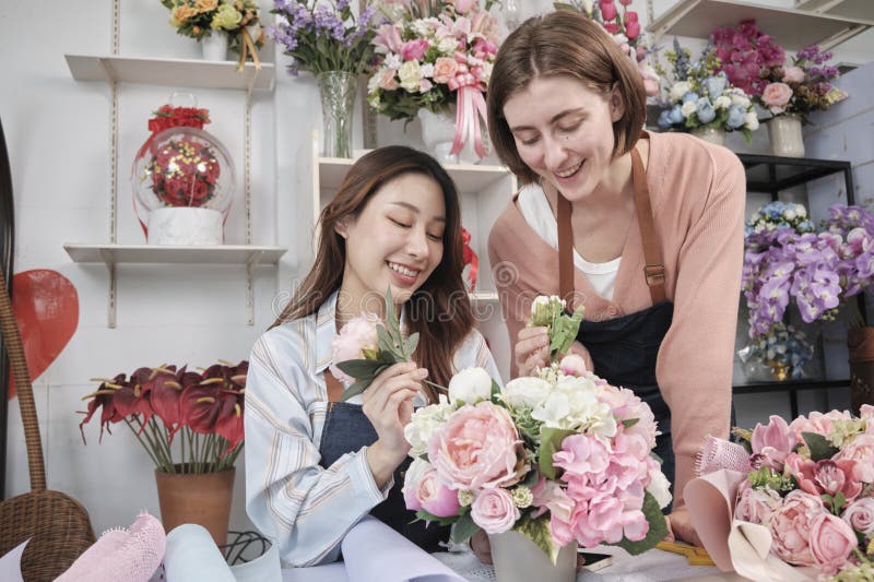 Two Female Florist Entrepreneurs Arranged Bunch of Blossoms in Flower ...