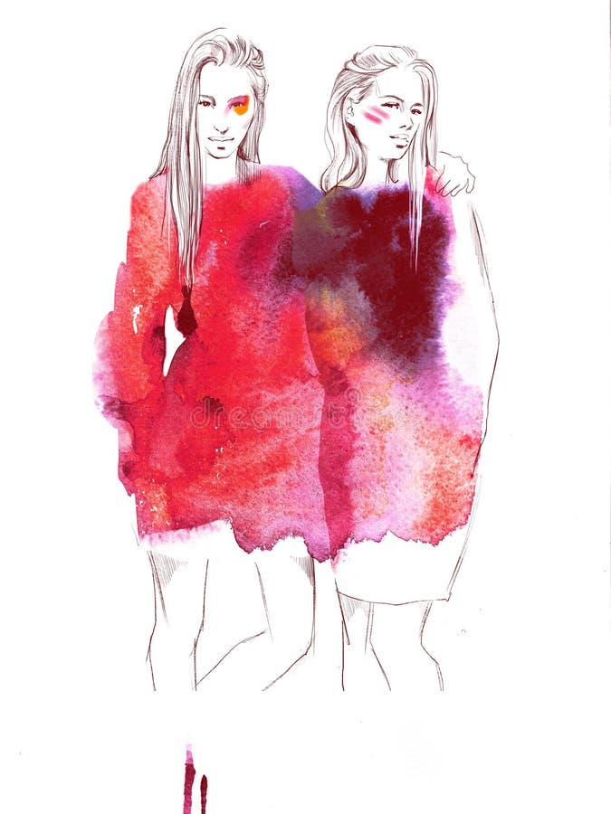 Two Young Beautiful Girls Draw Portraits Fashion Illustration Stock ...