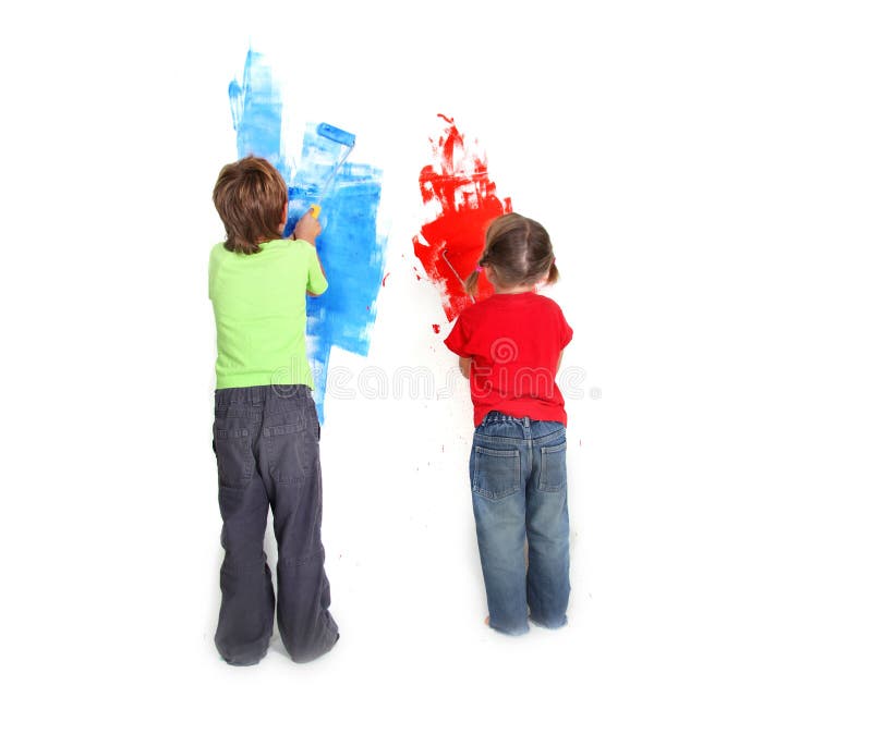 Two young children painting over white