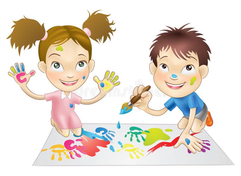 Illustration of two young children playing with paints. Children playing garden vectors