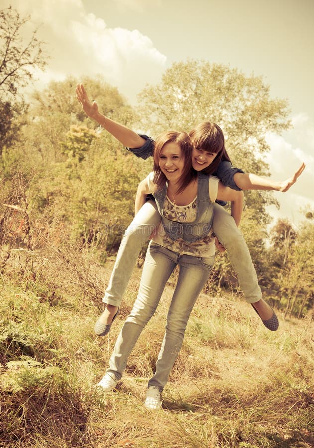 Two young girls having fun