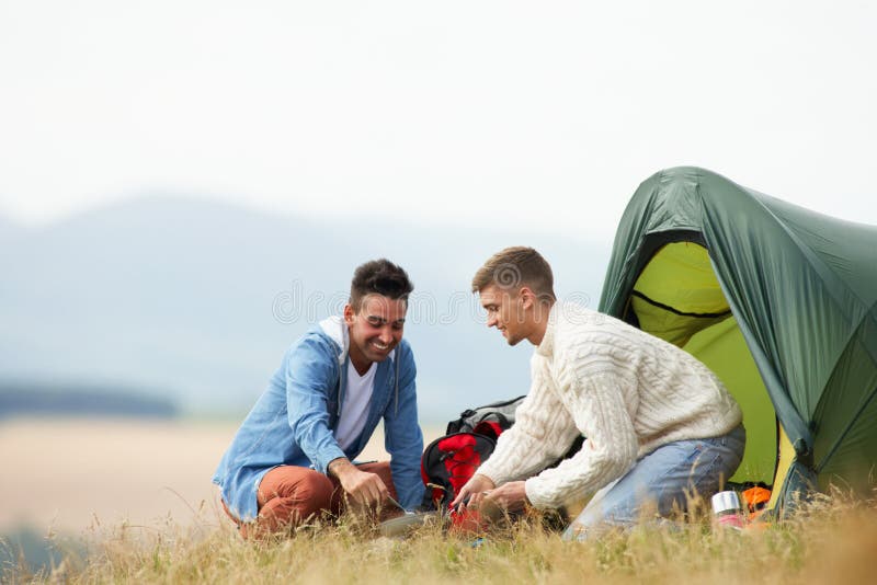 Two Young Men on Camping Trip in Countryside Stock Image Image of