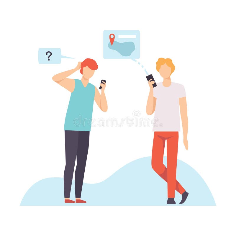 Two Young Men Communicating Using Smartphones, Guys Chatting Via Internet with Mobile Devices, Social Networking Vector stock illustration Two Young Men Communicating Using Smartphones, Guys Chatting Via Internet with Mobile Devices, Social Networking Vector stock illustration
