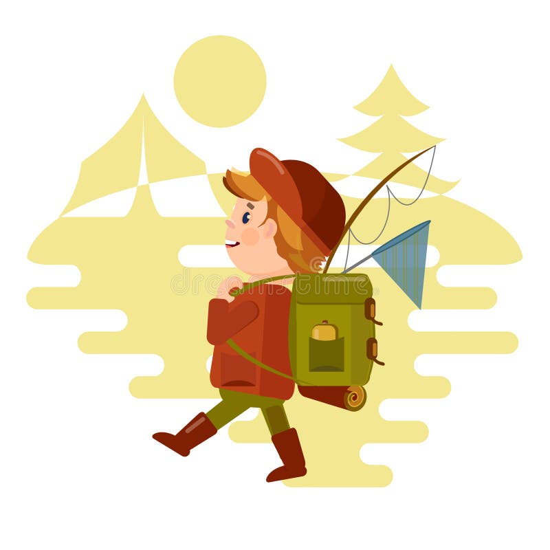 Two young Men tourist with a backpack goes on a hike against the background of nature. Vector in the style of th stock illustration Two young Men tourist with a backpack goes on a hike against the background of nature. Vector in the style of th stock illustration