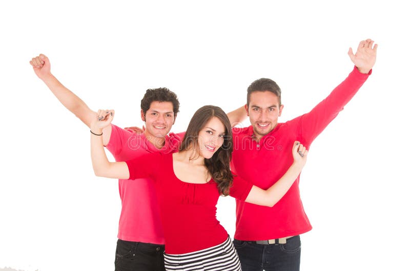 Two young men and a young girl dressed in red