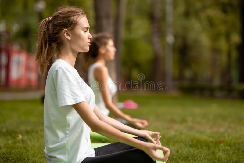 Two young slim girls sit in the lotus positions with closing eyes doing yoga on yoga mats on green grass in the park on stock photo Two young slim girls sit in the lotus positions with closing eyes doing yoga on yoga mats on green grass in the park on stock photo