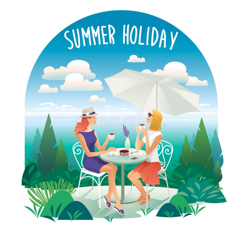 Two Young Women In Beach  Cafe  Summer Vacation  Stock 