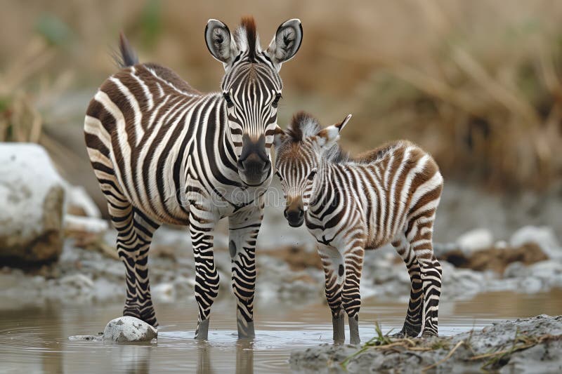 Two zebras are standing next to each other in the water, surrounded by the natural landscape of grassland. Their fluid movements showcase the beauty of these terrestrial animals AI generated. Two zebras are standing next to each other in the water, surrounded by the natural landscape of grassland. Their fluid movements showcase the beauty of these terrestrial animals AI generated