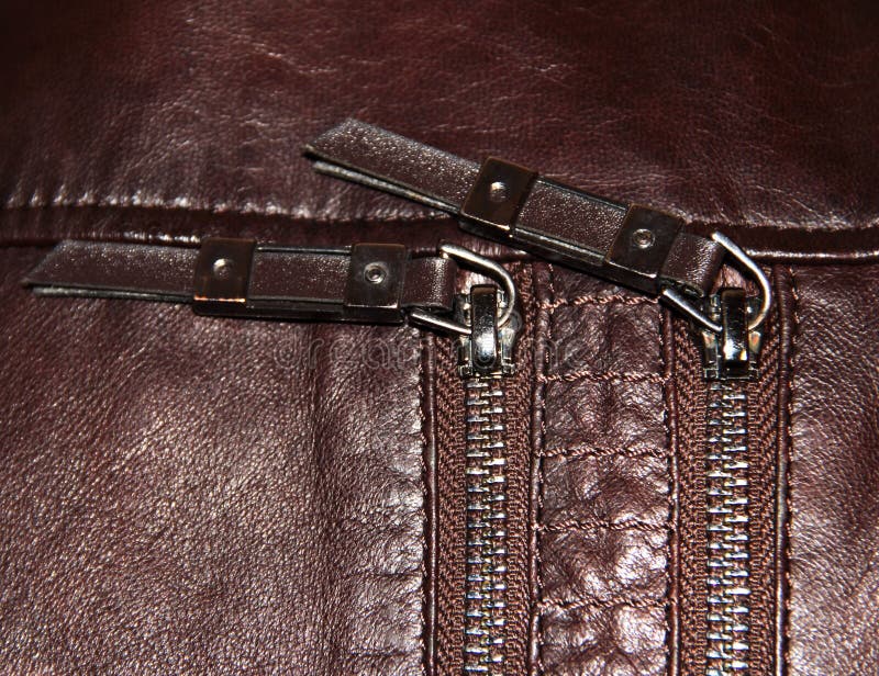 Two Zippers on Brown Leather Stock Image Image of abstract
