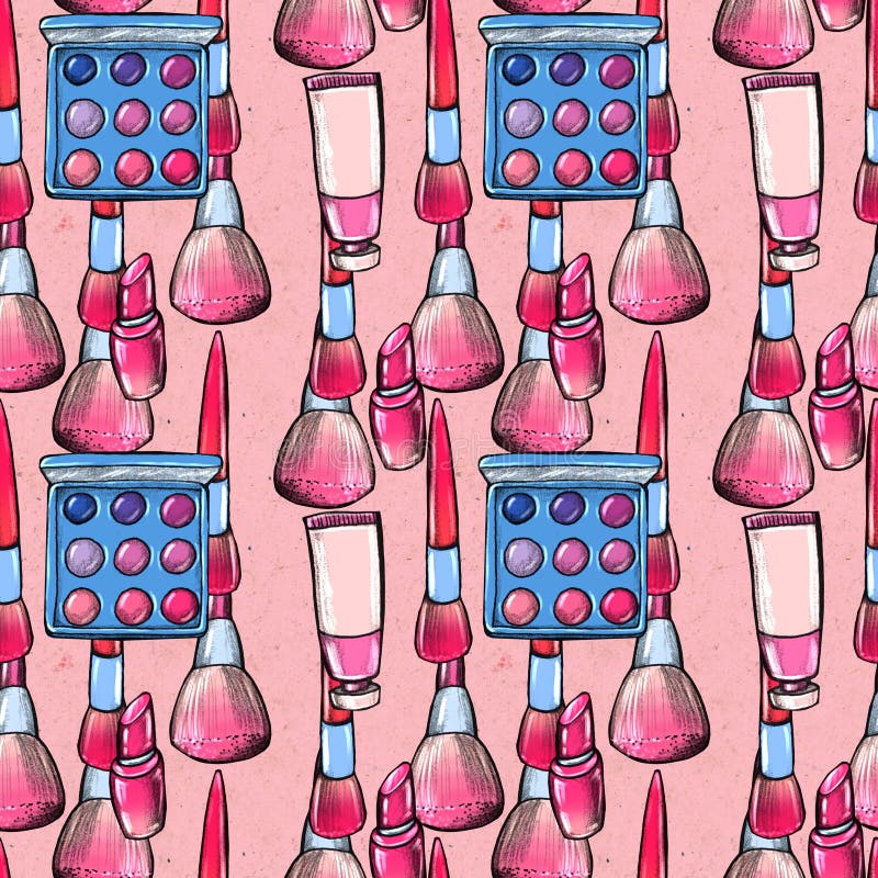 Make up seamless pattern. Hand drawn beauty Makeup products. Lipstick, eye shadows, eyeliner, concealer, nail polish and brushes. Cosmetic background. Make up seamless pattern. Hand drawn beauty Makeup products. Lipstick, eye shadows, eyeliner, concealer, nail polish and brushes. Cosmetic background.