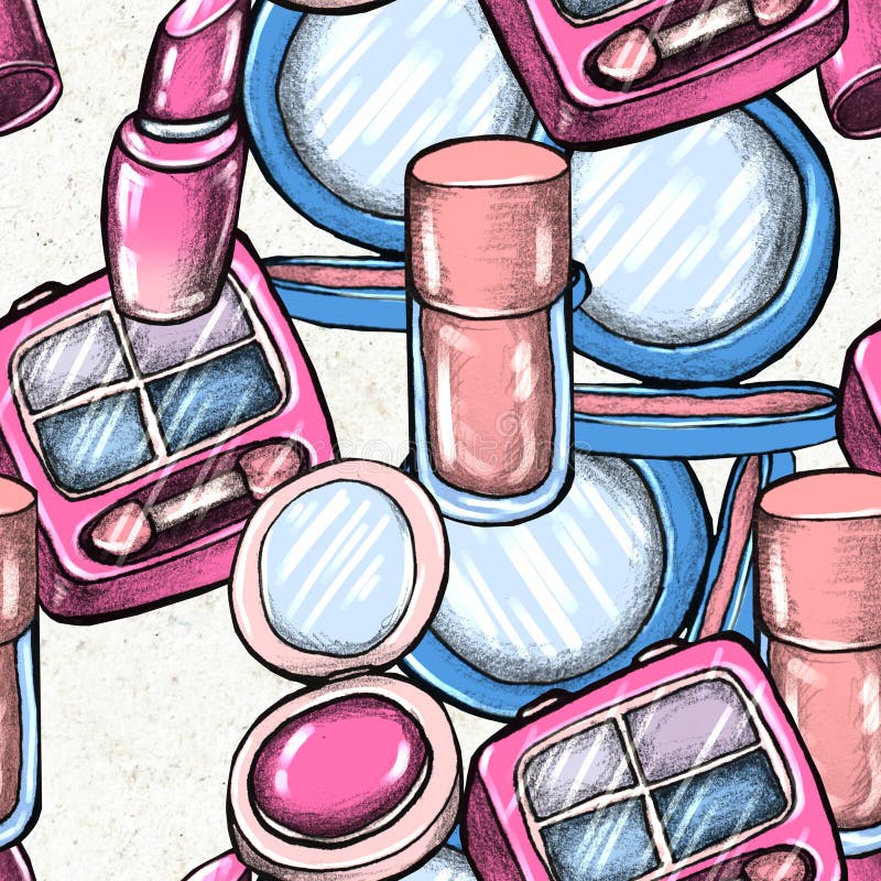 Make up seamless pattern. Hand drawn beauty Makeup products. Lipstick, eye shadows, eyeliner, concealer, nail polish and brushes. Cosmetic background. Make up seamless pattern. Hand drawn beauty Makeup products. Lipstick, eye shadows, eyeliner, concealer, nail polish and brushes. Cosmetic background.