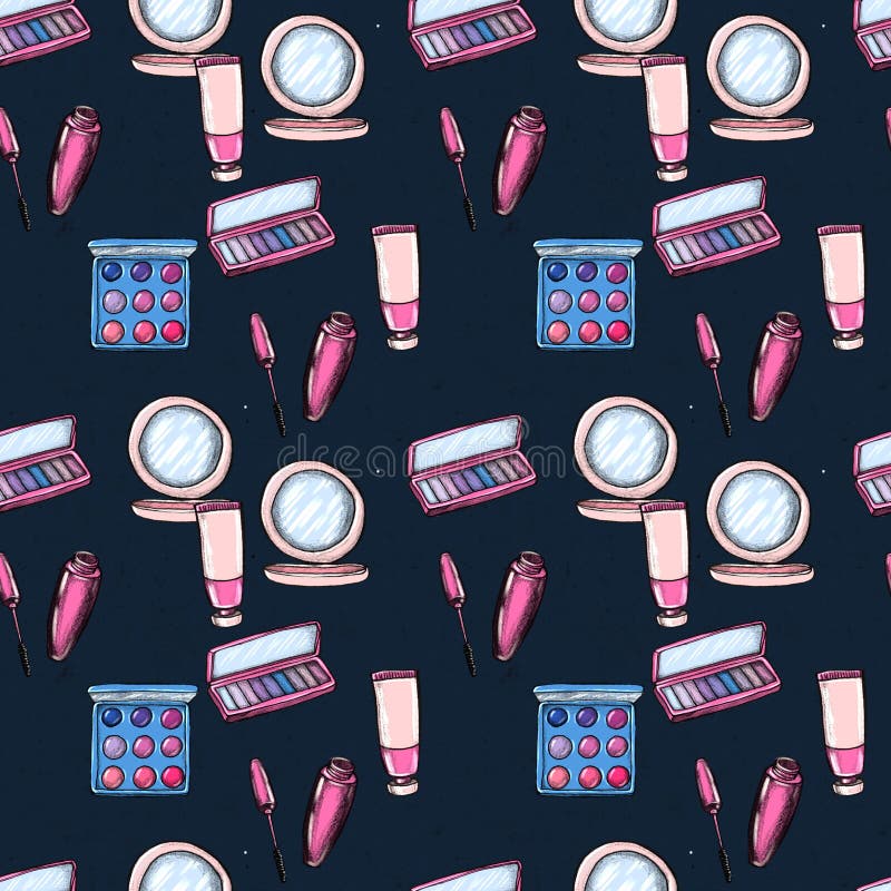 Make up seamless pattern. Hand drawn beauty Makeup products. Lipstick, eye shadows, eyeliner, concealer, nail polish and brushes. Cosmetic background. Make up seamless pattern. Hand drawn beauty Makeup products. Lipstick, eye shadows, eyeliner, concealer, nail polish and brushes. Cosmetic background.