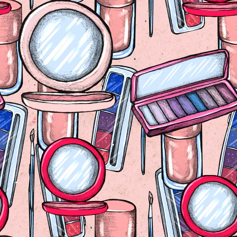 Make up seamless pattern. Hand drawn beauty Makeup products. Lipstick, eye shadows, eyeliner, concealer, nail polish and brushes. Cosmetic background. Make up seamless pattern. Hand drawn beauty Makeup products. Lipstick, eye shadows, eyeliner, concealer, nail polish and brushes. Cosmetic background.