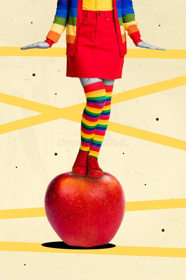 Creative retro 3d magazine image of lgbt lady standing red big huge apple isolated drawing background. Creative retro 3d magazine image of lgbt lady standing red big huge apple isolated drawing background.