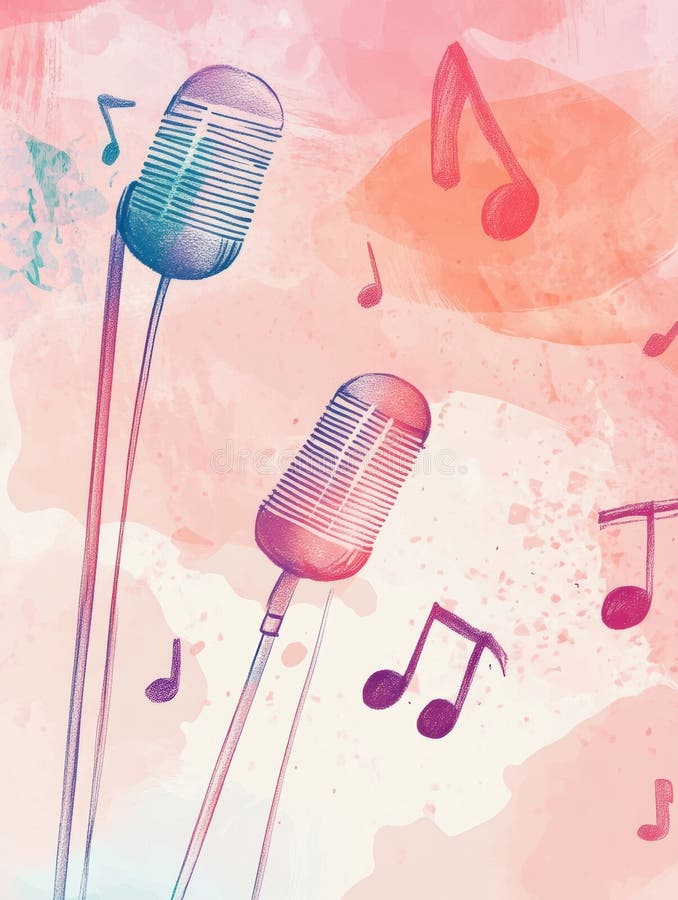 Twórz żywe tło inspirowane K pop dzięki mikrofonom i notatkom muzycznym dla atmosfery energii. obraz stock