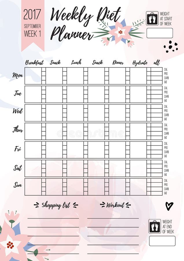 Weekly diet planner. Vector printable page for female notebook, journals or brochure. Calendar daily meal planner. Weekly diet planner. Vector printable page for female notebook, journals or brochure. Calendar daily meal planner