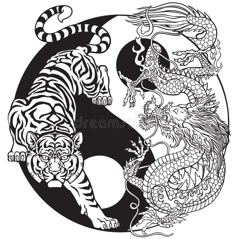 Tygrys kontra chiński smok w symbolu yin yang. czarno-biały royalty ilustracja