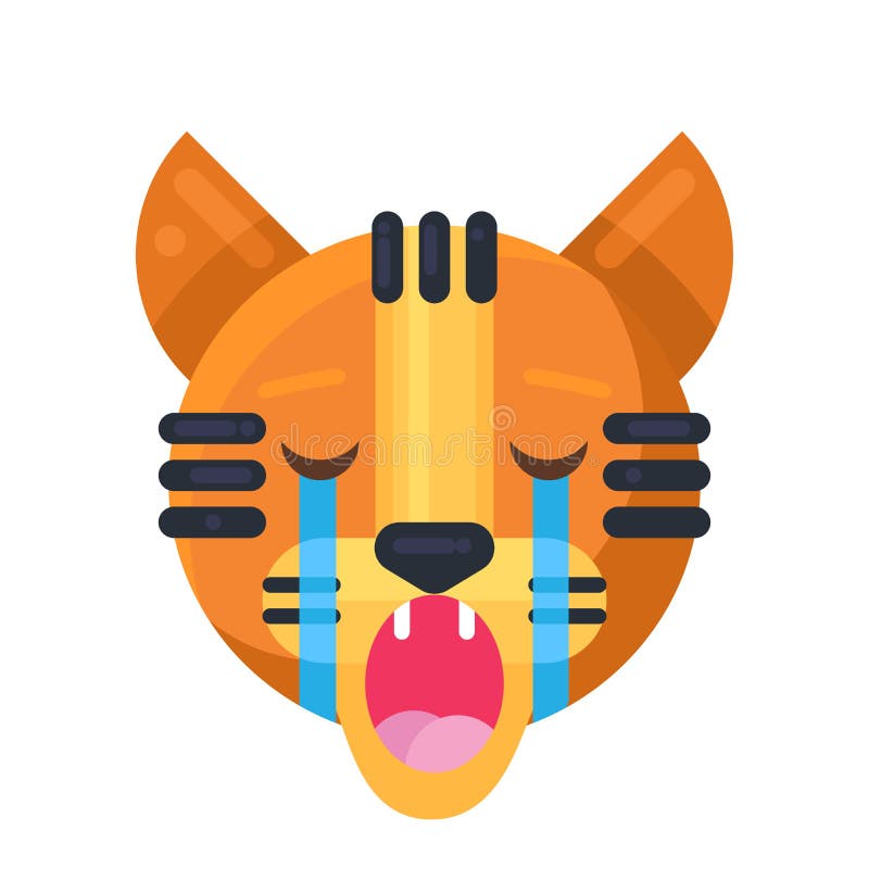 Tiger crying expression cute funny emoji vector. Tropical animal face with closed eyes with weeping and open mouth. Depressed and offended smile emotion. Plangorous emoticon flat cartoon illustration. Tiger crying expression cute funny emoji vector. Tropical animal face with closed eyes with weeping and open mouth. Depressed and offended smile emotion. Plangorous emoticon flat cartoon illustration