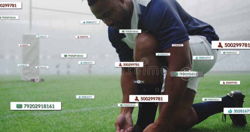 Tying shoelaces on field, athlete with animation data tags overlaying scene stock video footage