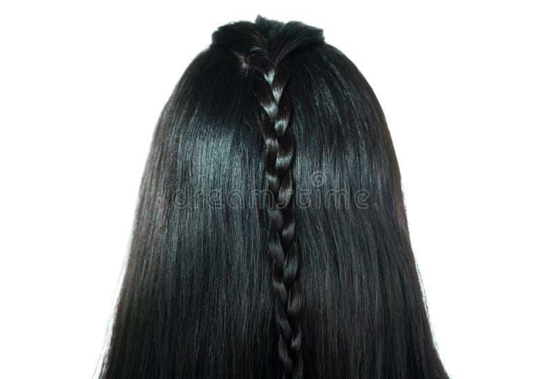 Rear view of girl with black long shiny plaited hair isolated on white. Rear view of girl with black long shiny plaited hair isolated on white