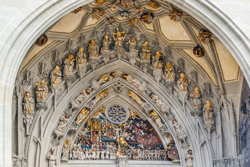 Tympanum of main portal of Bern cathedral, Swizerland. Medieval tympanum stock images, royalty-free photos and pictures