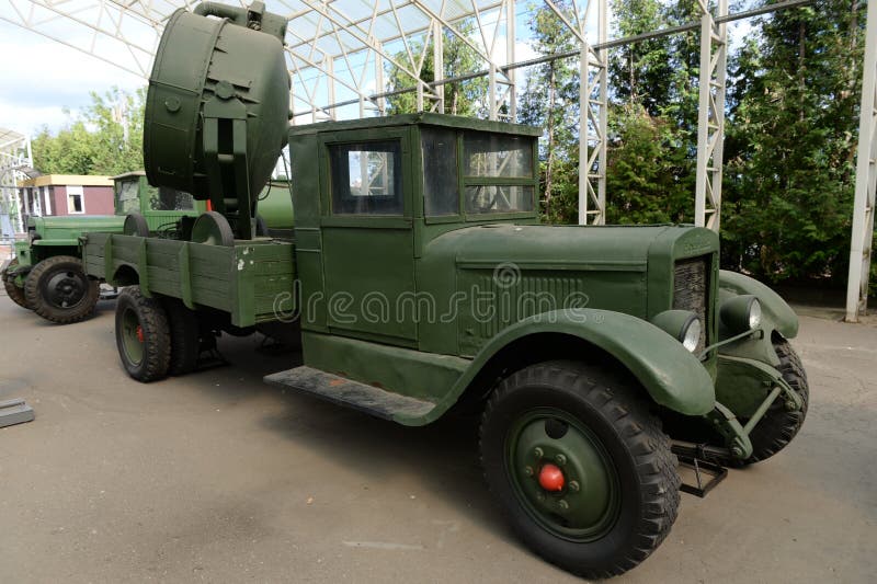 MOSCOW, RUSSIA - JUNE 20, 2018: Anti-aircraft car searchlight station type 3-15-4B on the basis of the car ZIS-12 on Poklonnaya hill in Moscow. MOSCOW, RUSSIA - JUNE 20, 2018: Anti-aircraft car searchlight station type 3-15-4B on the basis of the car ZIS-12 on Poklonnaya hill in Moscow