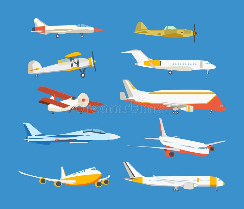 Typ samolot: pasażer, cywilny, Airbus, wojskowy, biplan, samolotowy wieżowiec ilustracja wektor Typ samolot: pasażer, cywilny, Airbus, wojskowy, biplan, samolotowy wieżowiec ilustracja wektor