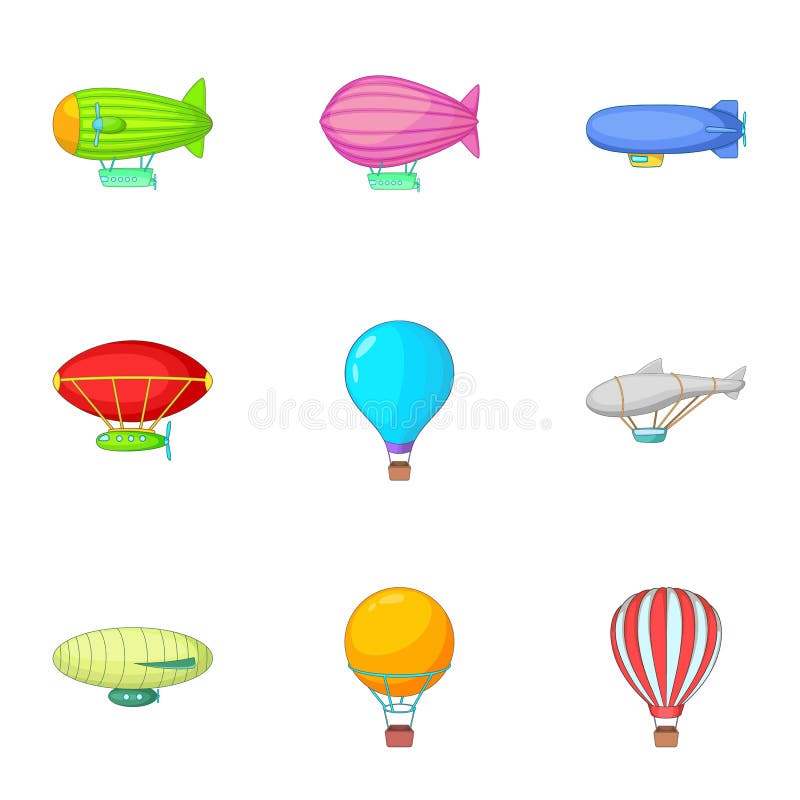 Typ sterowiec ikony ustawiać, kreskówka styl ilustracja wektor Typ sterowiec ikony ustawiać, kreskówka styl ilustracja wektor
