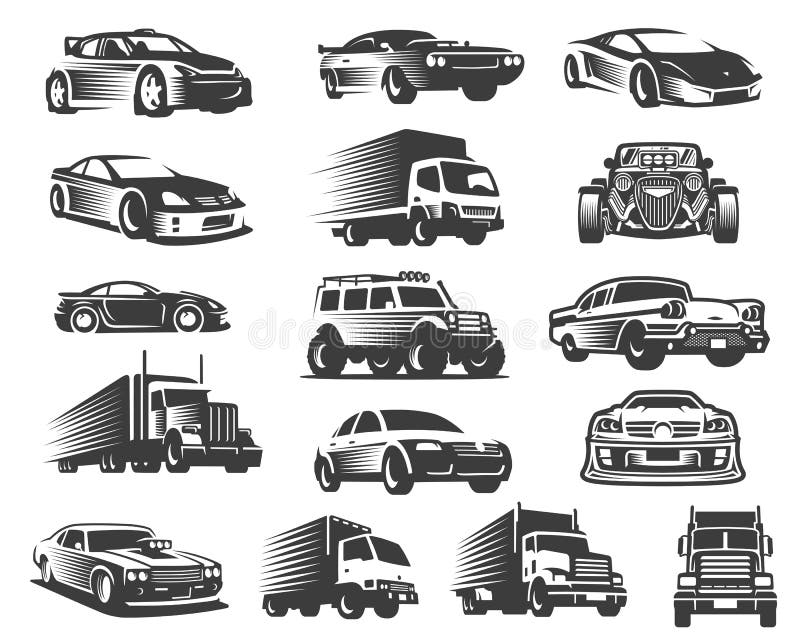 Type différent d'ensemble d'illustration de voitures, collection de symbole de voiture, paquet d'icône de voiture