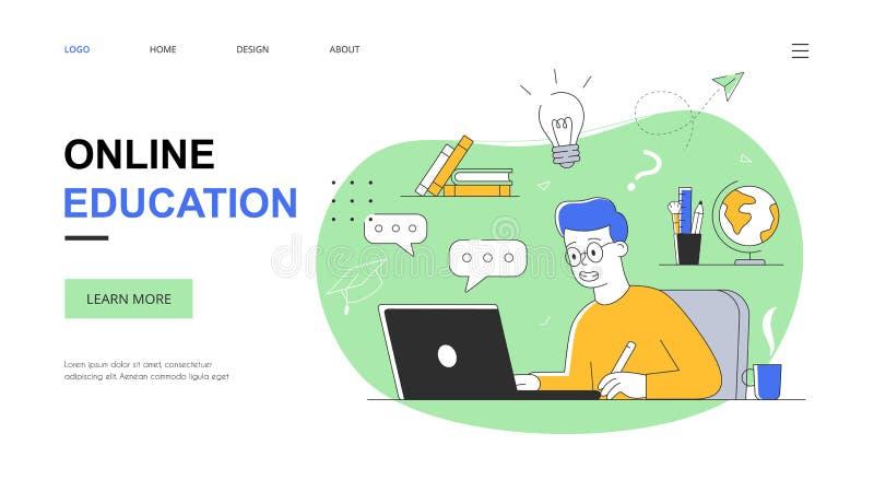 Type écrivant une conférence en ligne. Concept d'éducation en ligne avec un homme assis devant un ordinateur portable et écrivant une conférence en ligne dans un ordinateur portable. illustration vectorielle de dessin animé contour plat. site web page de lancement modèle