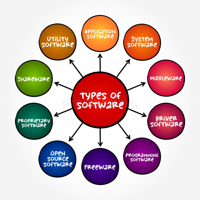 Types of computer software (programs and associated documentation and data) mind map concept background vector illustration