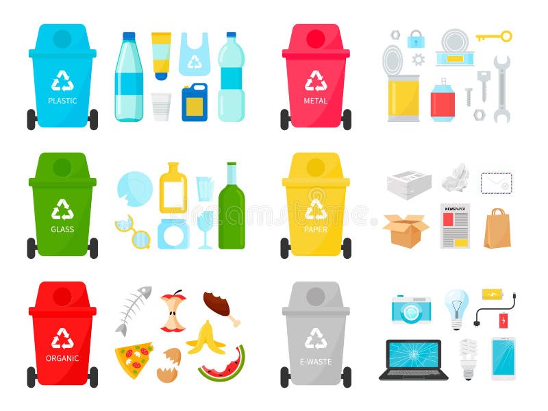 Types of garbage recycling ecological vector illustration. Metal, paper, organic, electronic, plastic, glass trash with cans. Infographic flat style.